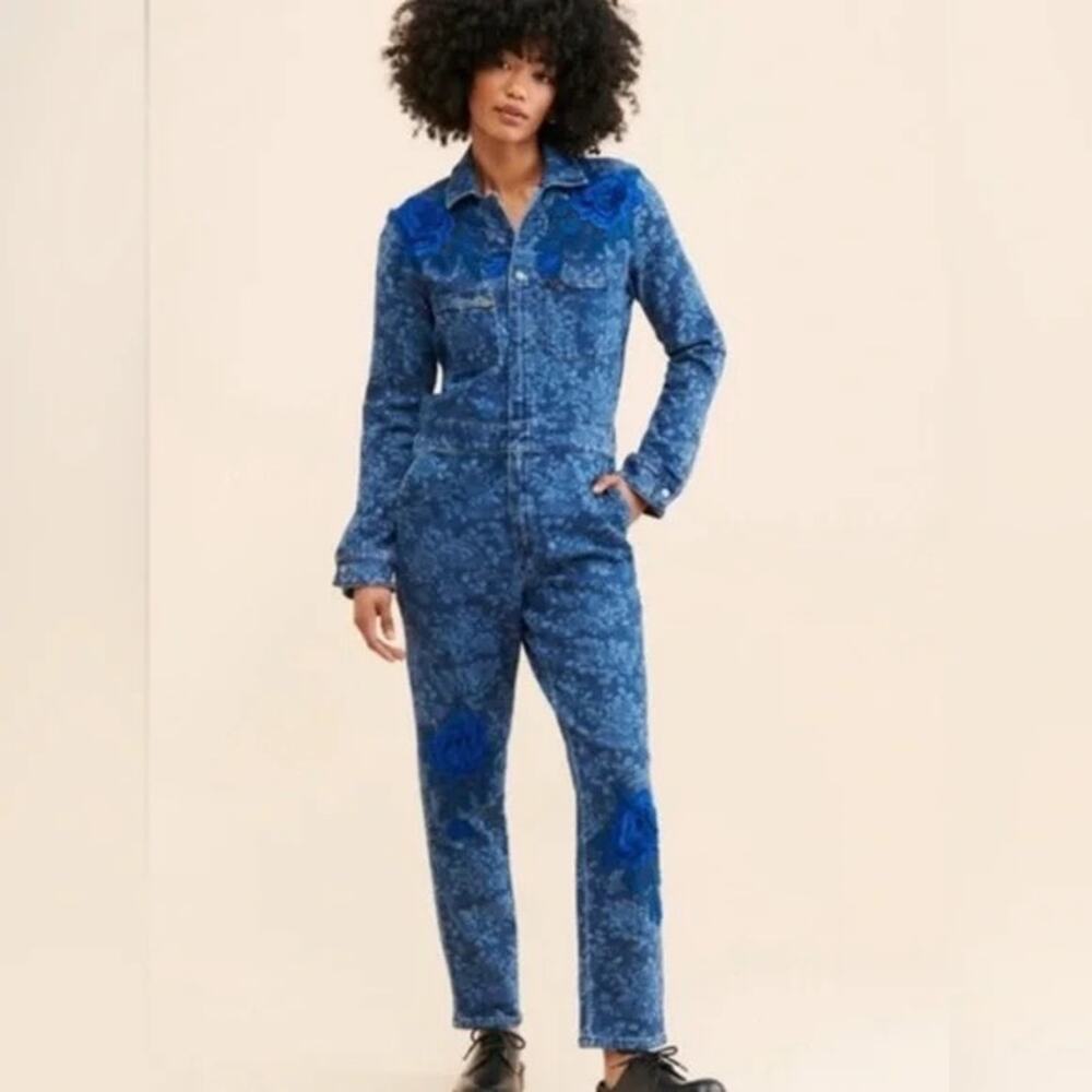 Free People Re-Nully X Tricia Fix Embroidered Coveralls Dark Denim  Sz:S Ret$350